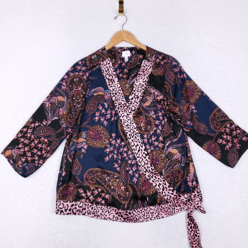 Dressbarn Wrap Blouse Women's L Paisley Leopard Print Tie Waist‎ Top Boho Chic